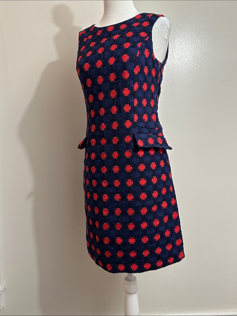Boden Navy Mini Dress with Red Dot Pattern
